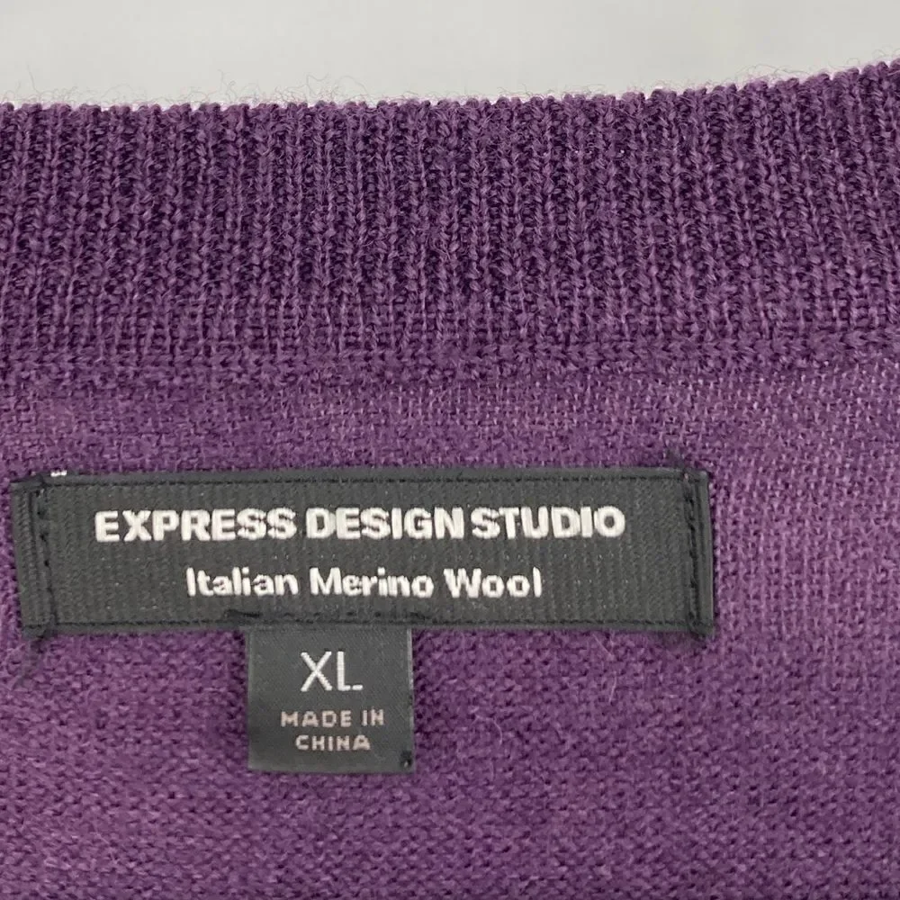 Express Design Studio Italian Merino Wool V Neck Sweater Purple Men's XL